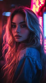 Neon-lit portrait with cinematic bokeh and split lighting.