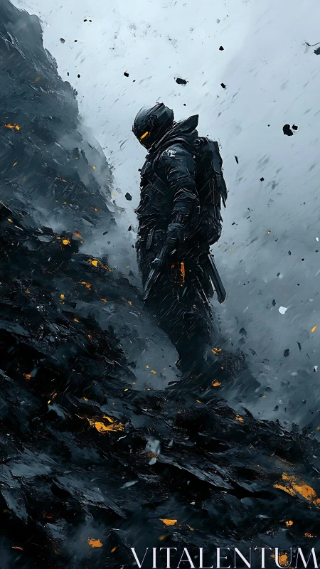 Armored sentinel on volcanic ridge in dynamic cyberpunk storm.