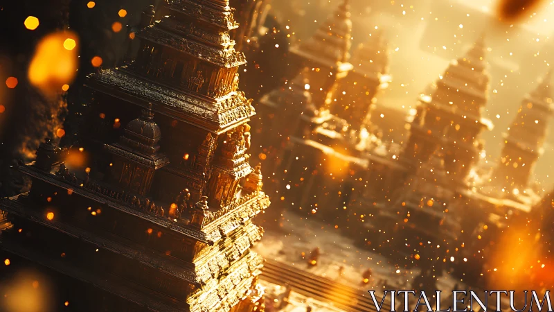 Golden temple towers amid drifting glowing particles.