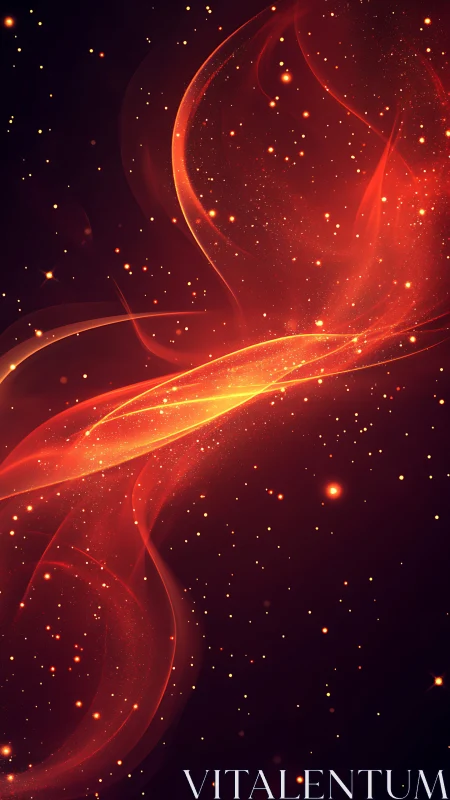 Glowing red orbs and plasma streams in dark space environment.