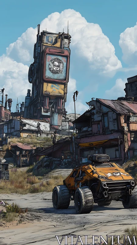 Rusty desert outpost framed by a bold roaming buggy.