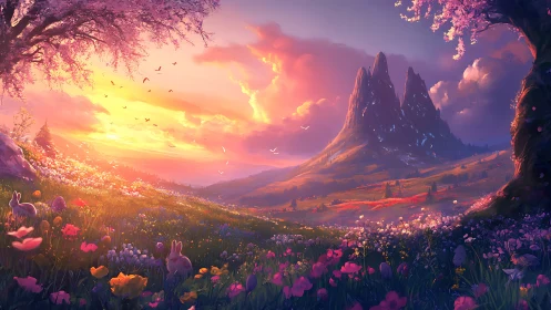 Sunset meadow of blossoms and gentle mountain guardians.