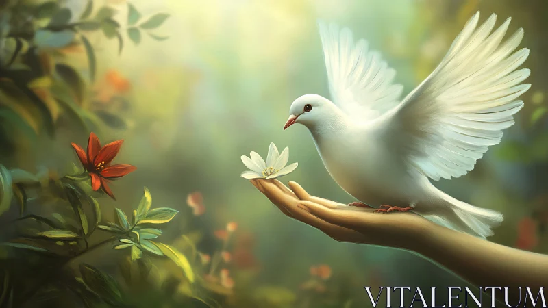 White dove landing on hand with flower in soft forest light.