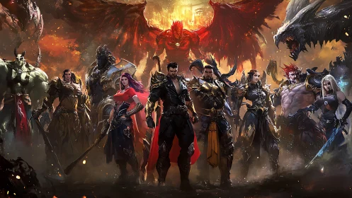 Legendary heroes standing united before a blazing sky.