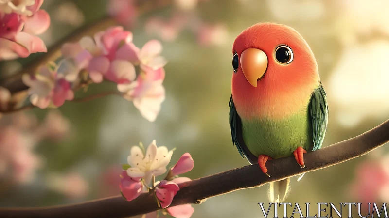 Cute Cartoon Lovebird on Blossom Branch, Soft Pastel Illustration.