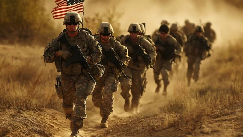 Desert infantry squad advances through golden battlefield dust.