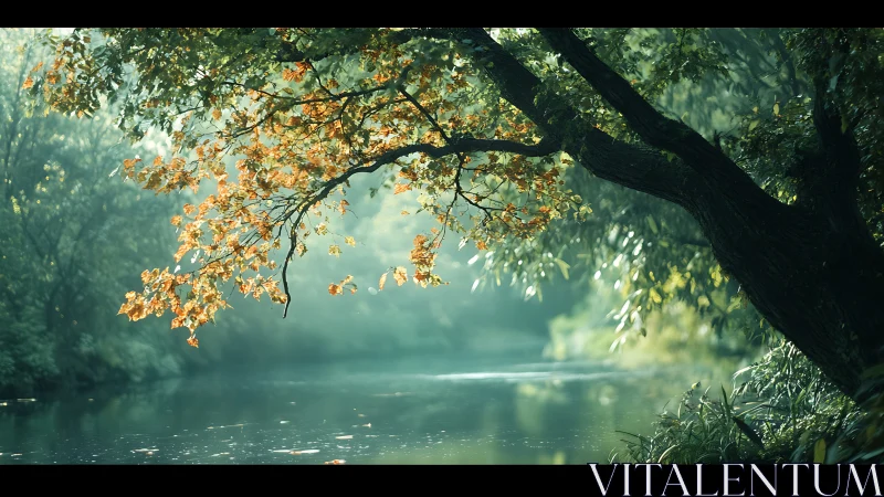 Backlit riverbank tree captures misty morning atmospheric depth