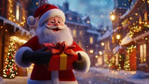 Digitally rendered Santa holds gift box in snow-lit street scene
