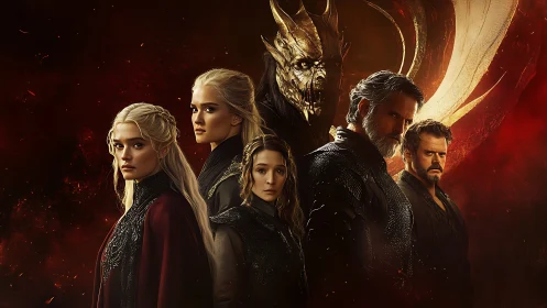 Dragon-ruled dynasty portrait under burning crimson sky.