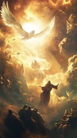 Radiant heavenly gathering beneath a glowing dove of light.