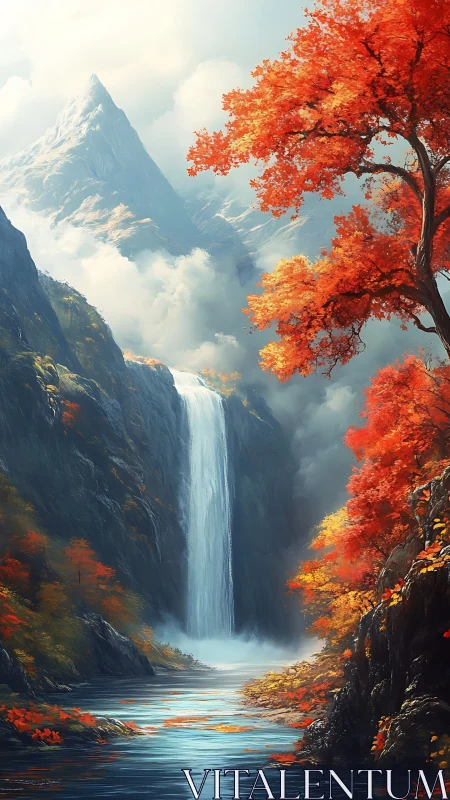 Autumn alpine waterfall with misty peaks and reflective pool