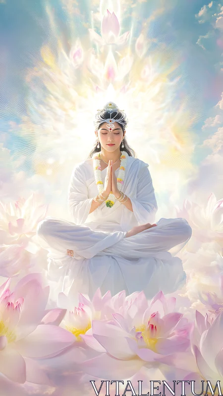 Serene lotus goddess in radiant celestial meditation.