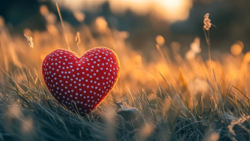 Red Heart with Polka Dots Nestled in Golden Grass Field.