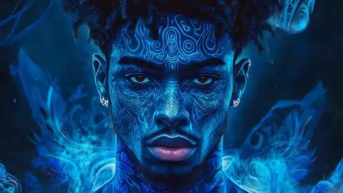 Blue lit portrait shows tattooed man emerging from glowing smoke