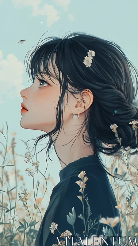 Profile portrait shows serene girl standing in soft wildflower field