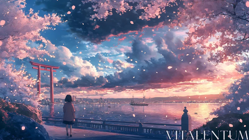 Twilight shoreline with torii gate, cherry blossoms and drifting petals