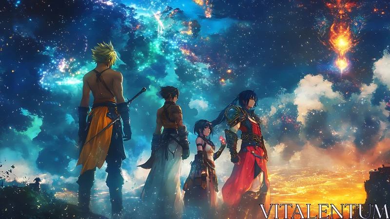 Stargazing heroes at the edge of a glowing fantasy sky.