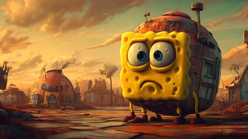 Melancholy sponge roams a rusted cartoon wasteland at dusk