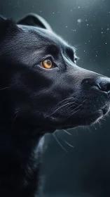 Glistening midnight hound watching snow drift in silence.