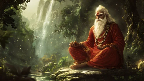 Forest sage in radiant stillness beside a hidden waterfall.