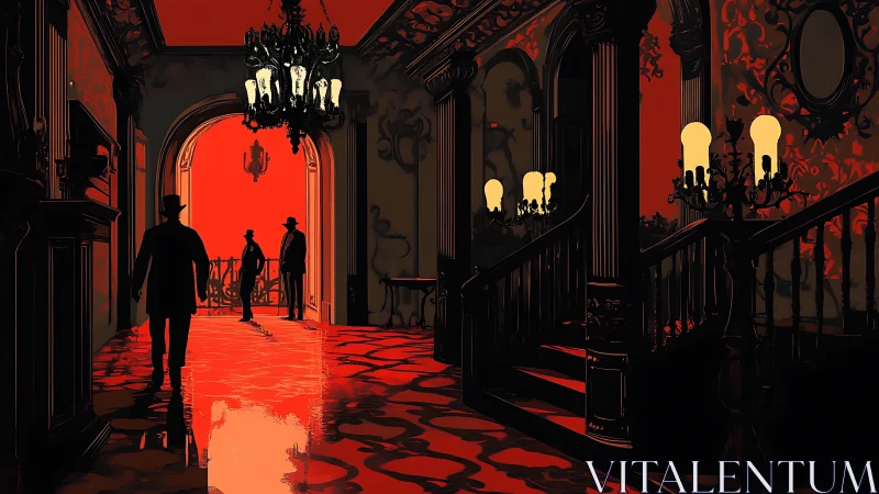 Noir silhouettes cross a crimson-lit baroque mansion corridor