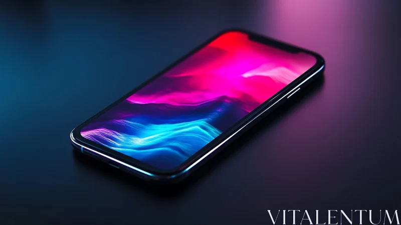Modern smartphone with neon gradient display against dark background.