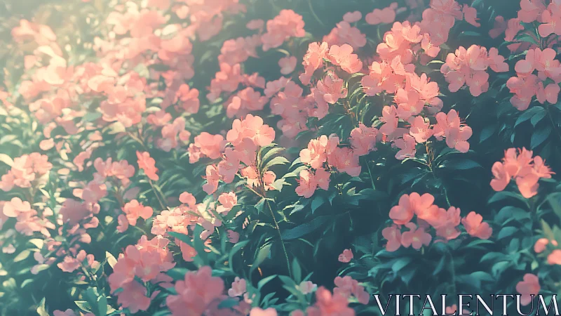 Pink flowers bloom abundantly in soft golden sunlight.