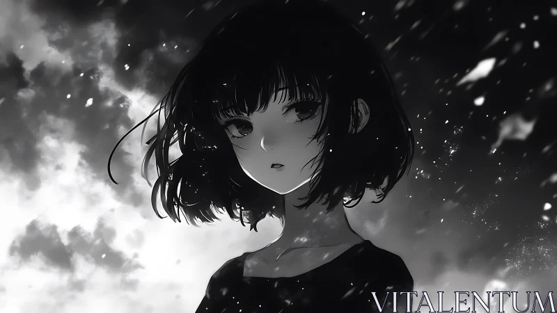 Starlit monochrome girl beneath drifting night fragments.