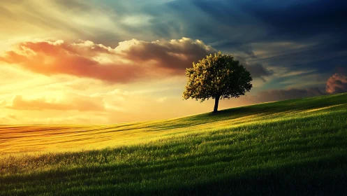 Solitary tree on luminous hillside under dramatic sunset sky.