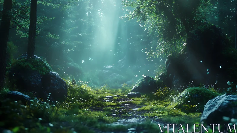 Forest ravine with filtered light penetration and stream flow.