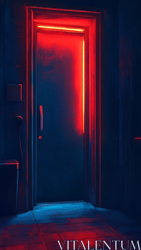 Closed interior door with red neon edge lighting in hallway.