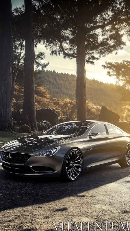 Sleek silver coupe parked on forest road at sunset.