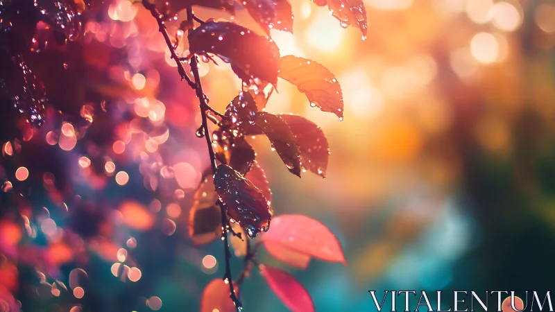 Backlit dewy leaves glow against dreamy autumn bokeh.