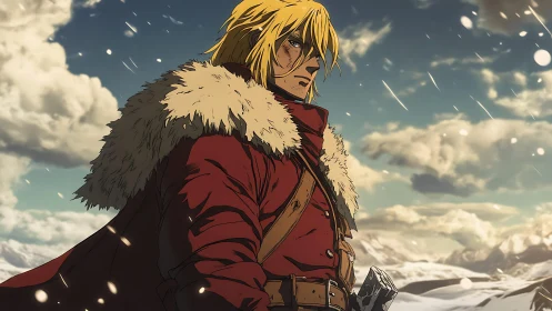 Wind-scoured tundra warrior in fur-lined red parka profile.