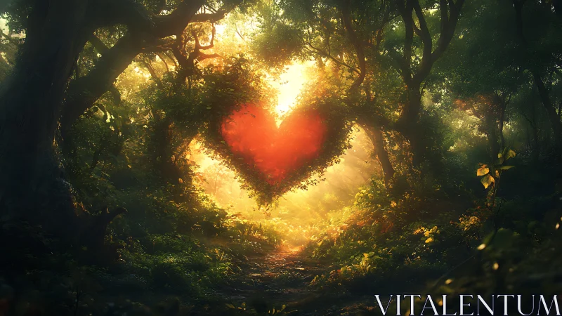 Luminous heart-shaped aperture framed by dense forest canopy with radiant golden light