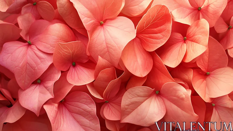 Close view of overlapping pink hydrangea flower bracts.
