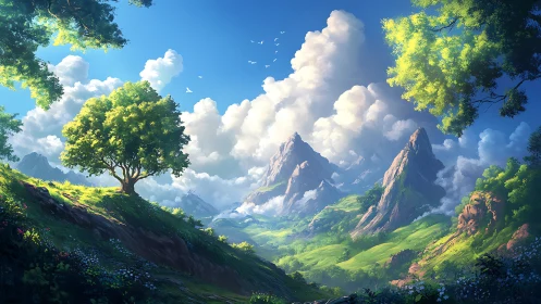 Mountain valley landscape with clouds and scattered trees.