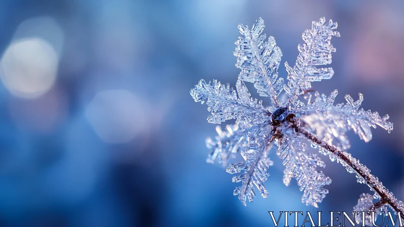 Macro photograph of detailed snowflake on branch in bokeh field.