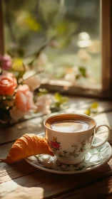 Porcelain coffee cup and croissant sit in soft window light