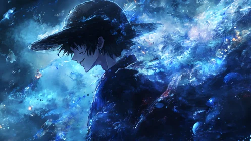 Shadowed wanderer within swirling cosmic ocean currents.