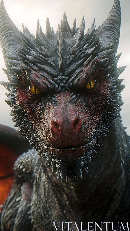 Intense close-up of a horned dragon with molten gaze.