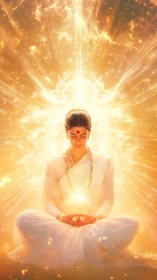 Meditating woman radiates golden spiritual energy field