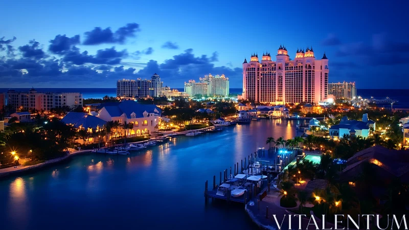 Lagoon-lit resort skyline glows under deep tropical twilight.