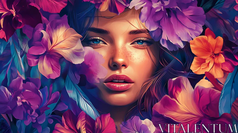 Hyperreal female portrait encircled by saturated floral gradients
