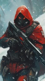Cybernetic sniper in red tactical cloak scans frozen battlefield