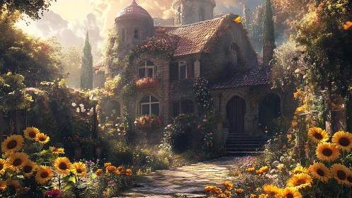 Sunlit stone cottage amid lush sunflower garden tableau.