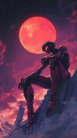 Crimson supermoon crowns a brooding cybernetic sentinel