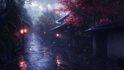 Rain-soaked alley shows red lanterns and wet stone path