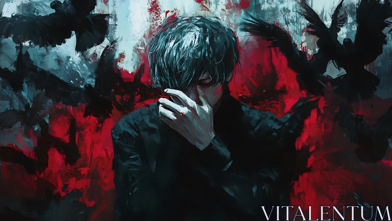 Solitary figure amid crows rendered in expressive digital strokes