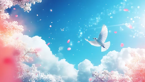 White bird in clear spring sky with clouds and blossoms.